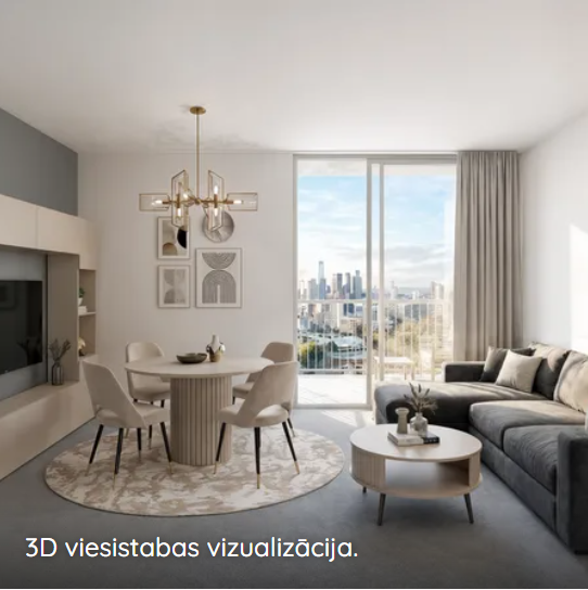 Viesistabas 3D vizualizācija · skats uz ēdamzonu un atpūtas vietu